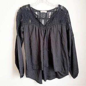 Abercrombie & Fitch Black Blouse with Lace Yoke and Tie, Hi/Lo Hem, Long Sleeve
